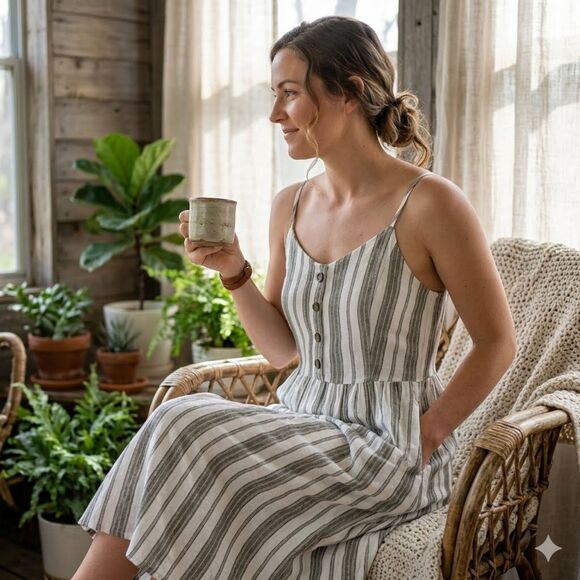 J for Justify Dresses & Skirts - J For Justify Dress Womens XL Striped Linen Blend Smocked Summer Green Black